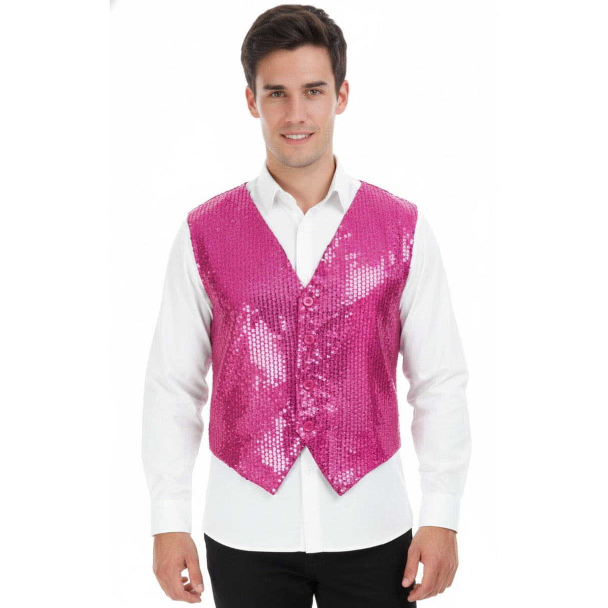 Mens Sequin Vest Waistcoat Disco Sparkle Costume Dance Party One Size - Pink