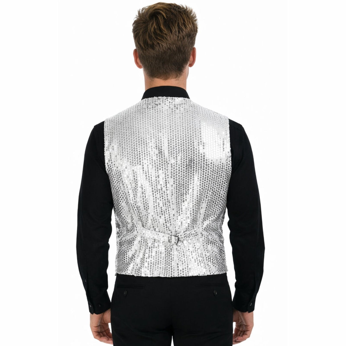 Mens Sequin Vest Waistcoat Disco Sparkle Costume Dance Party One Size - Silver