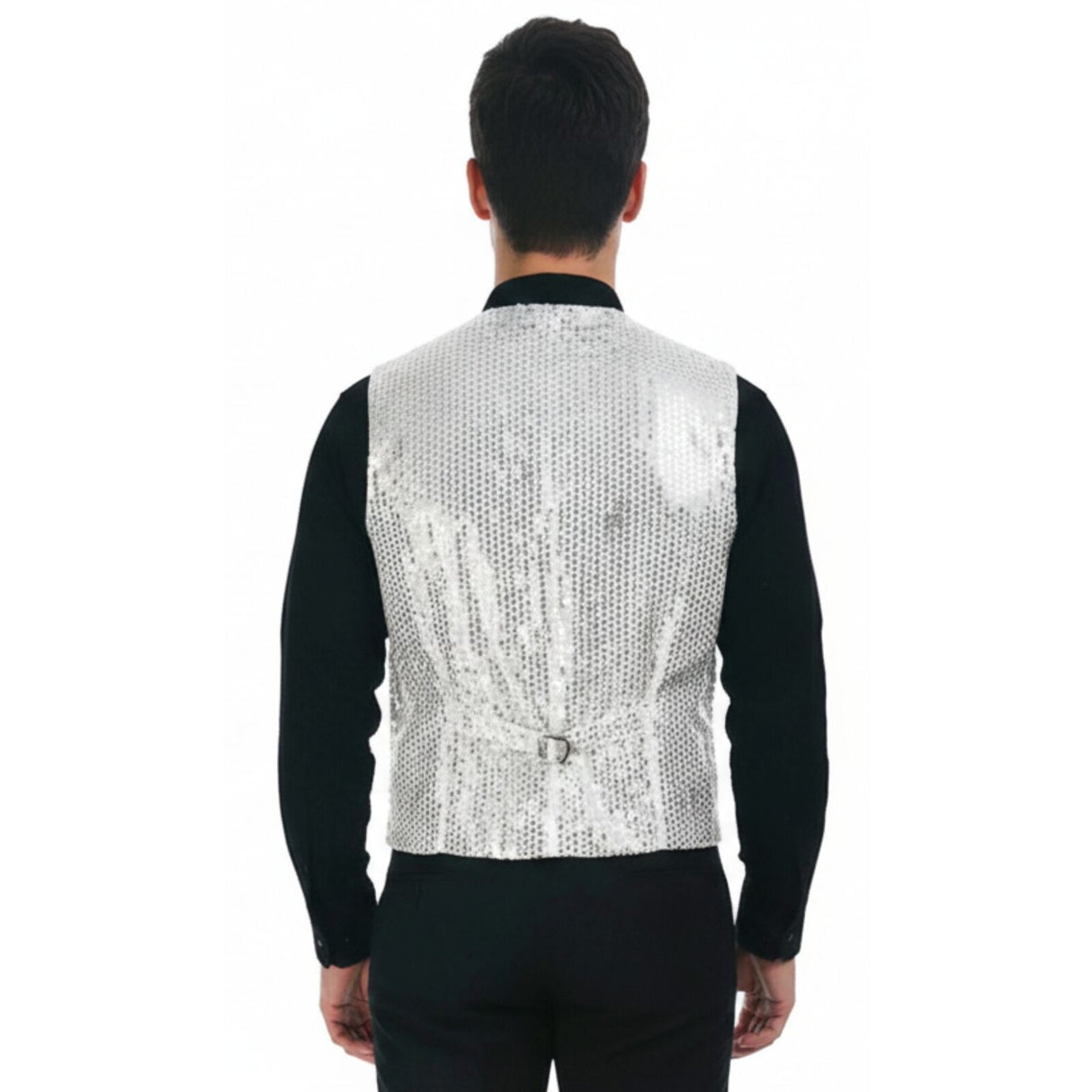 Mens Sequin Vest Waistcoat Disco Sparkle Costume Dance Party One Size - Silver