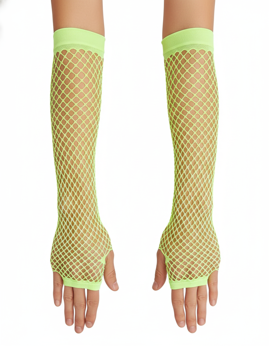 Long Elbow Length Fishnet Gloves Fingerless 70s 80s Womens Costume Party Dance in Fluro Yellow