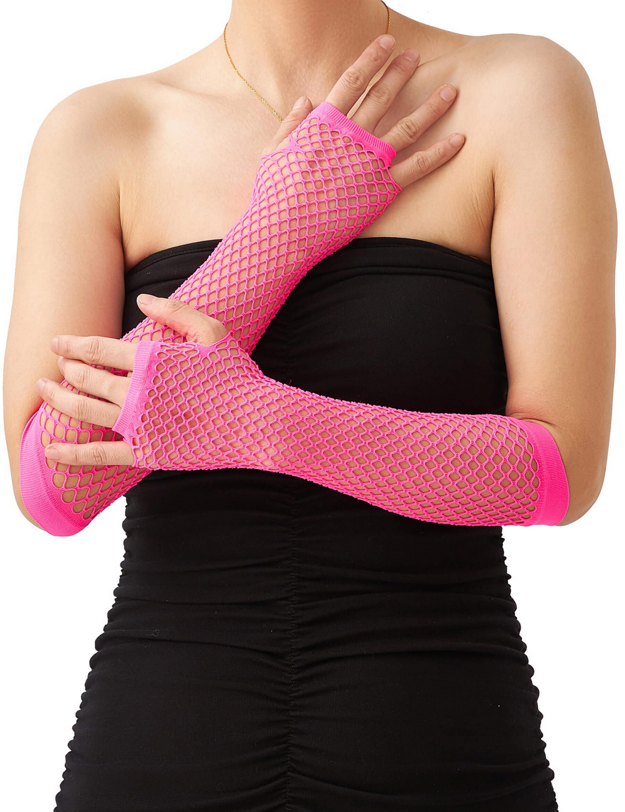 Long Elbow Length Fishnet Gloves Fingerless 70s 80s Womens Costume Party Dance in Hot Pink