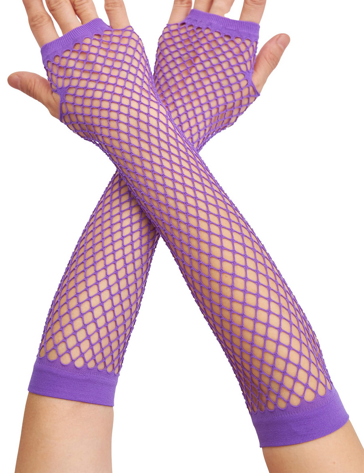 Long Elbow Length Fishnet Gloves Fingerless 70s 80s Womens Costume Party Dance in Purple