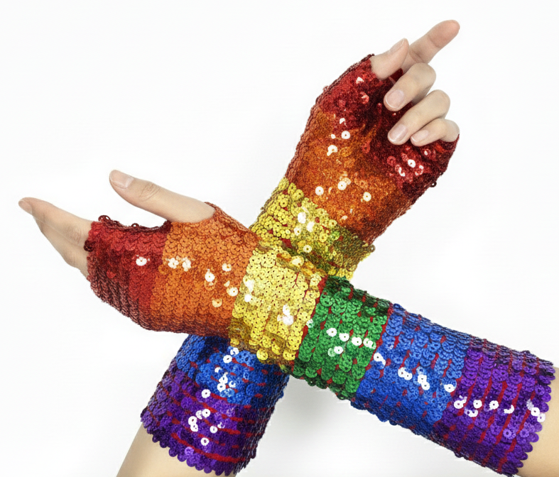 RAINBOW SEQUIN FINGERLESS GLOVES Mardi Gras Gay Pride LGBT Lesbian Party