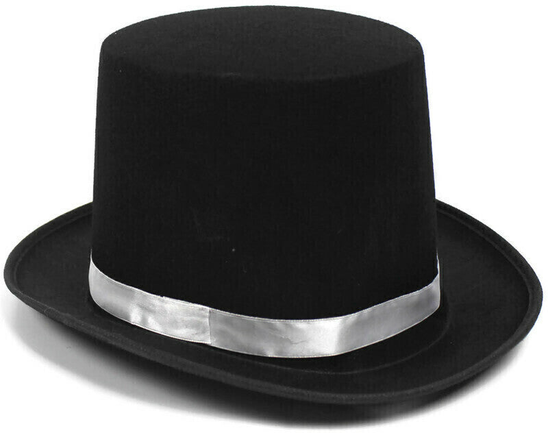 Chic Black Satin Top Hat with Silver Band for Mad Hatter or Magician Attire