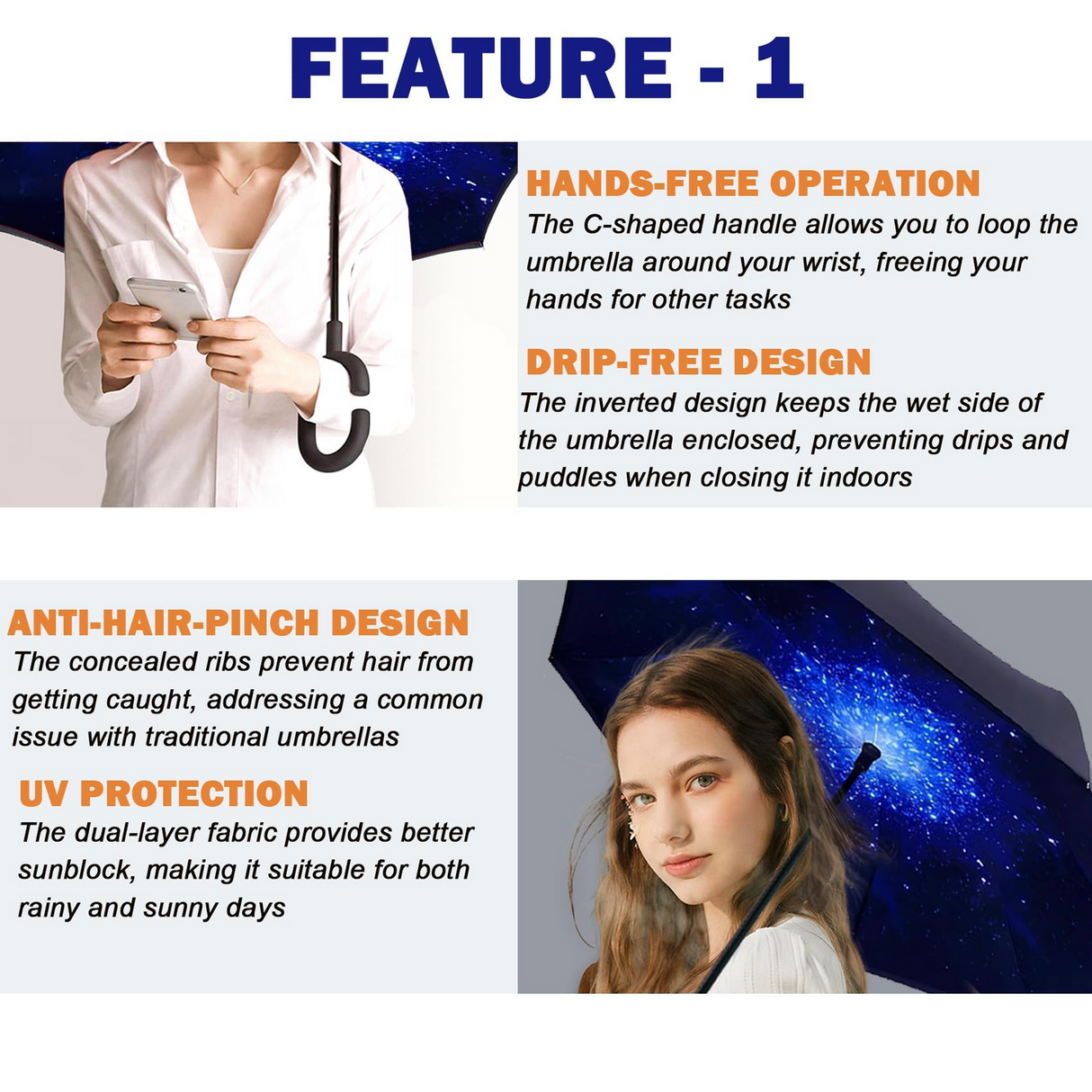 Reverse Umbrella Windproof Double Layer C-Handle Inverted Folding in Galaxy Print