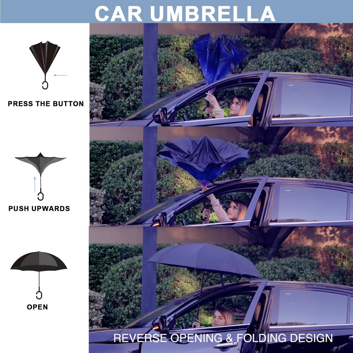 Reverse Umbrella Windproof Double Layer C-Handle Inverted Folding in Galaxy Print