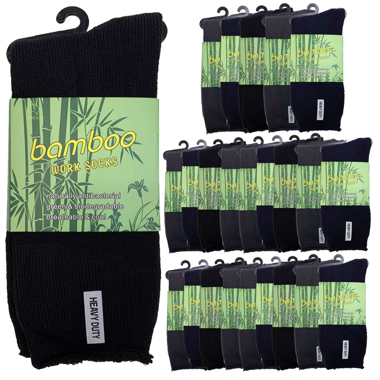 24 Pairs PREMIUM BAMBOO SOCKS Mens Heavy Duty Thick Work Socks Cushion BULK - Assorted Colour Pack - 11-14