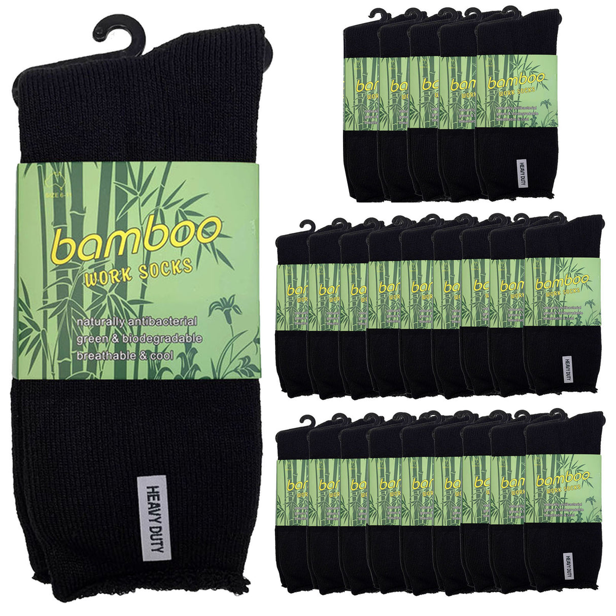 24 Pairs PREMIUM BAMBOO SOCKS Mens Heavy Duty Thick Work Socks Cushion BULK - Black - 6-11