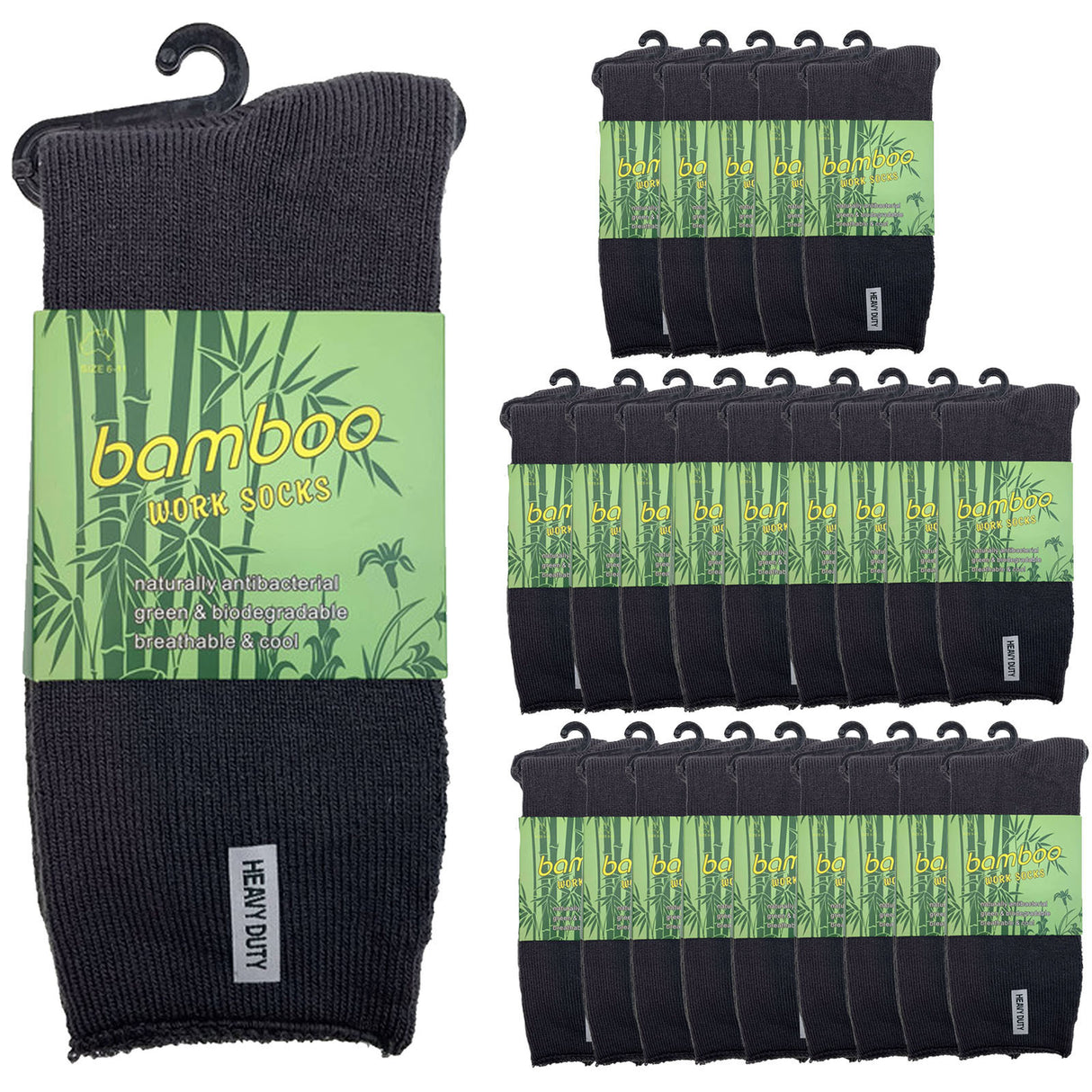 24 Pairs PREMIUM BAMBOO SOCKS Mens Heavy Duty Thick Work Socks Cushion BULK - Charcoal Grey - 6-11
