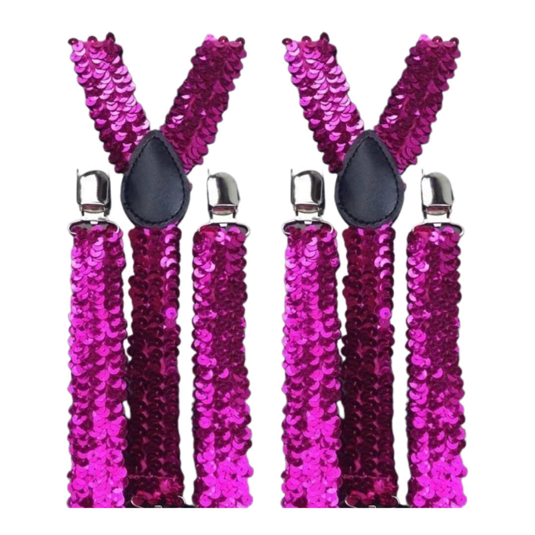Adjustable Hot Pink Sequin Men's Suspenders - 2 Pack, Clip-On Elastic Braces for Formal Events