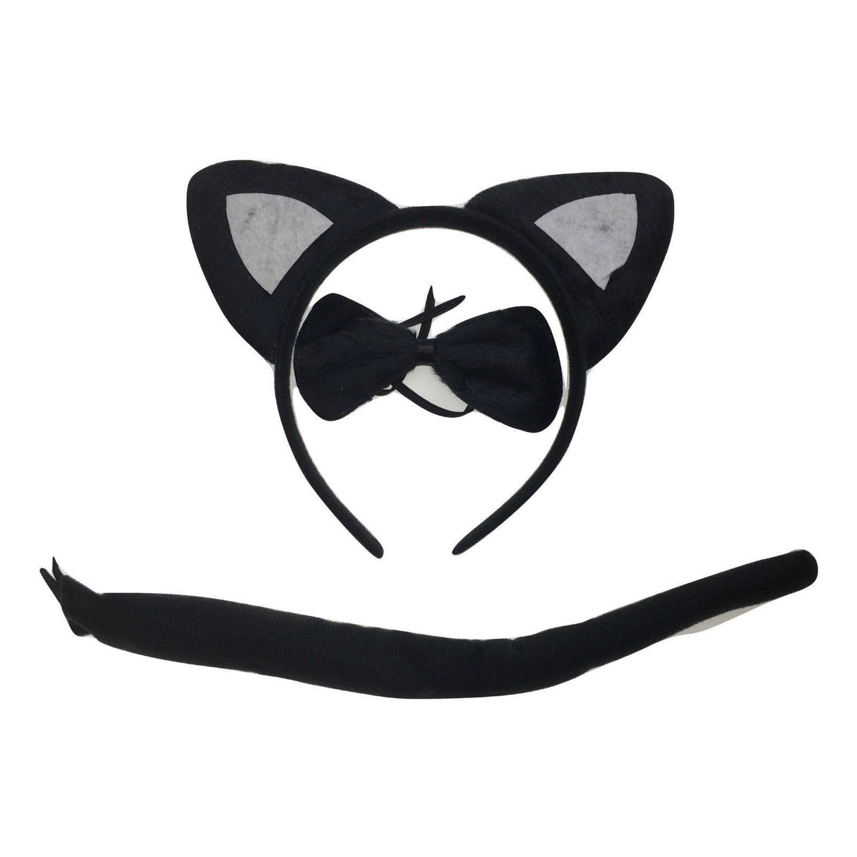 3-Piece Black Cat Costume Accessory Set with Ears, Bow Tie, and Tail for Halloween and Dress-Up Events