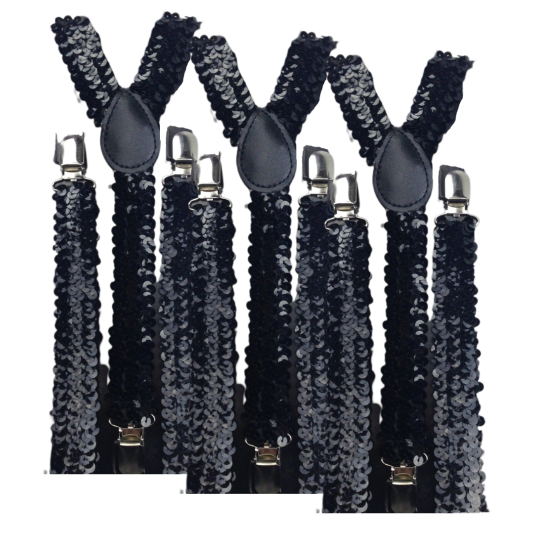 3-Pack Adjustable Men's Elastic Suspenders - Black Sequin Slim Fit for Formal Events