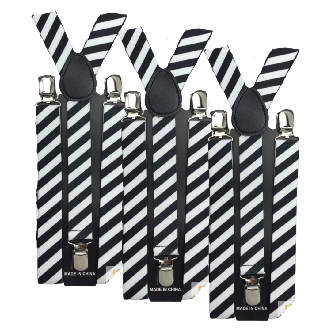Set of 3 Adjustable Men's Clip-On Suspenders - Slim Black/White Diagonal Stripes for Formal Events