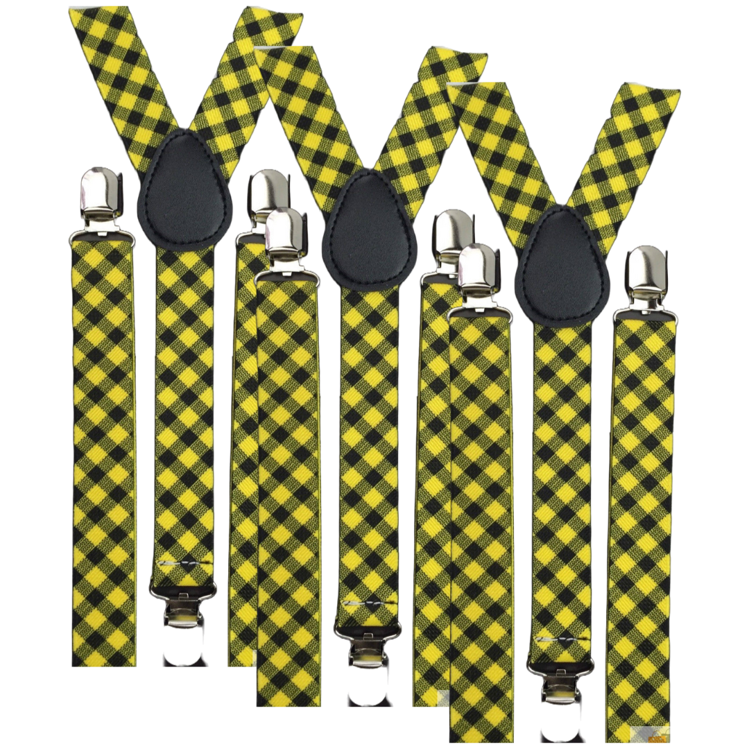 3-Pack Men's Slim Fit Clip-On Suspenders - Black and Yellow Checkered Design