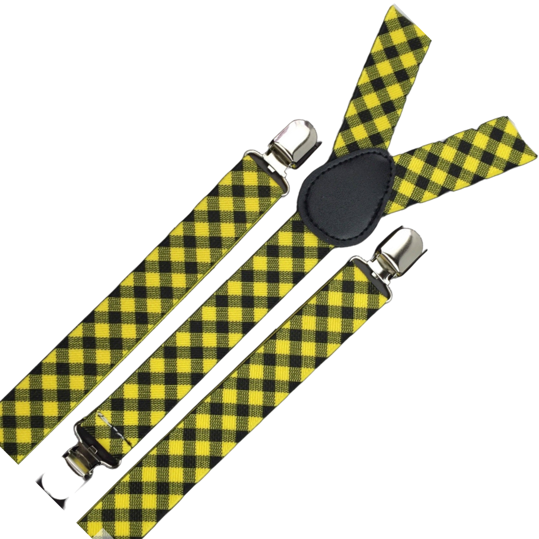 3-Pack Men's Slim Fit Clip-On Suspenders - Black and Yellow Checkered Design