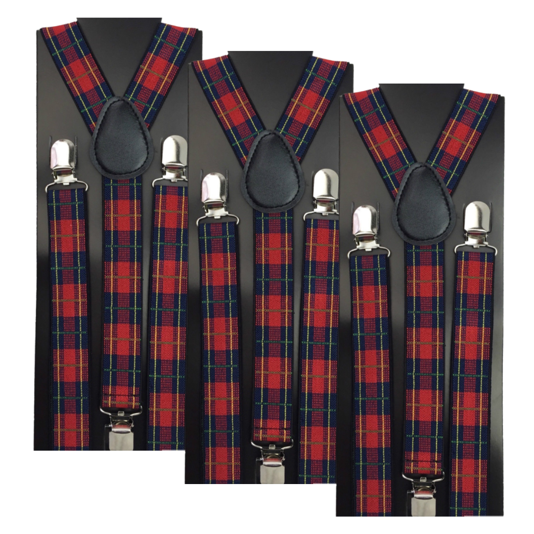 3-Pack Adjustable Men's Clip-On Suspenders - Elastic Formal Wedding Slim Tartan Braces