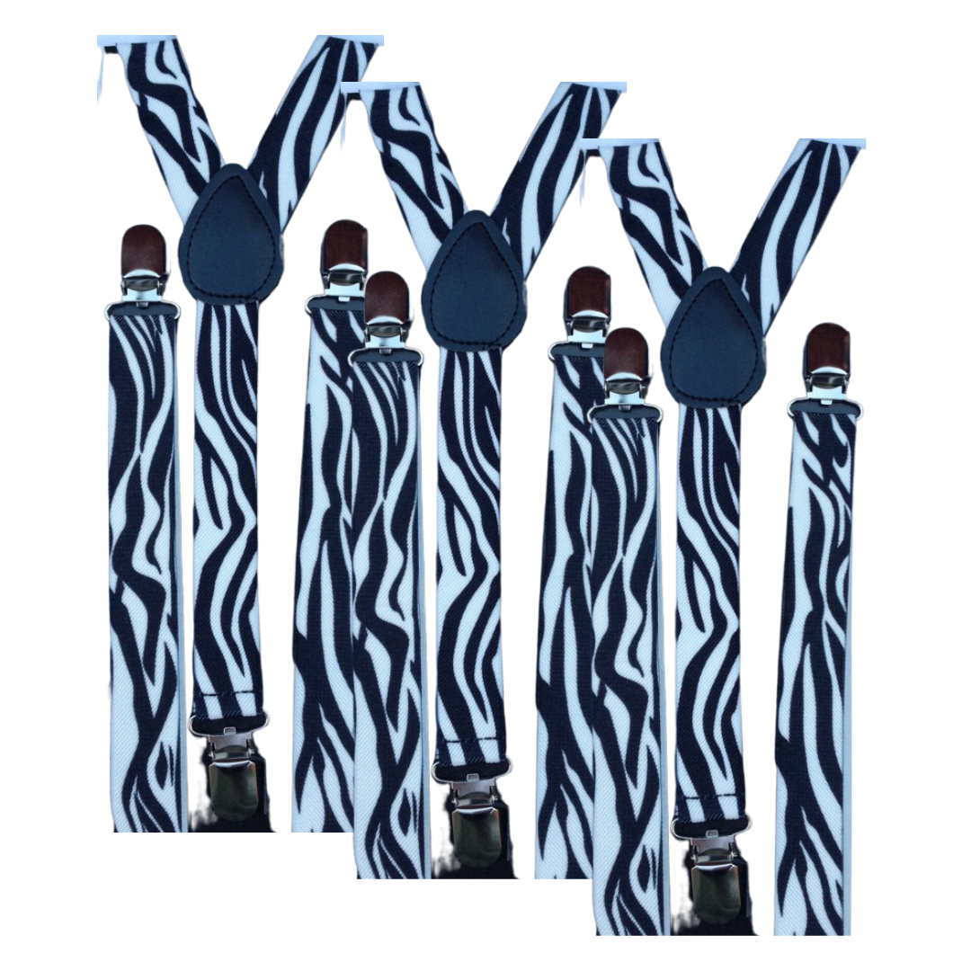 Zebra Patterned Adjustable Men's Suspenders Braces - 3 Pack Slim Clip-On Elastic Formal Wear