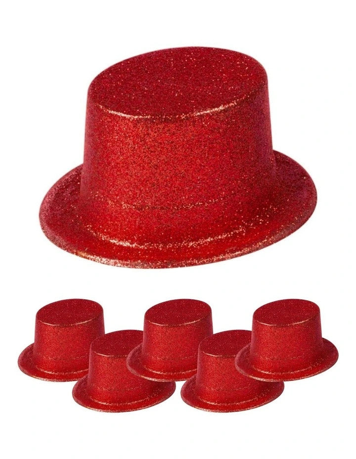 Pack of 6 Red Glitter Top Hats for Adult Costume Parties - Fun Dress Up Bulk Buy
