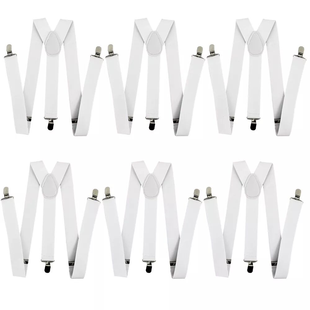 6x Mens Suspenders Braces Adjustable Strong Clip On Elastic Formal Wedding BULK - White