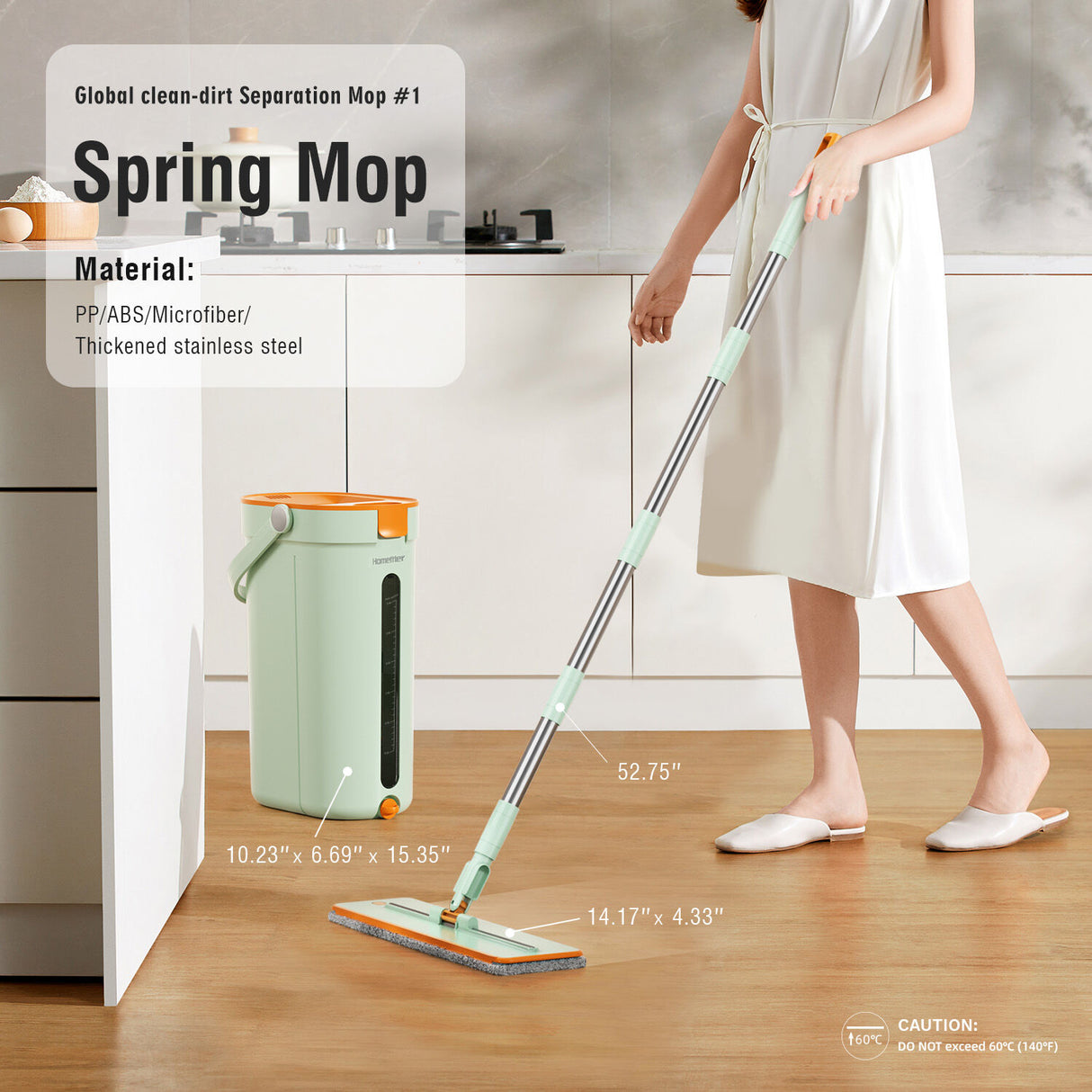 Premium Microfiber Flat Mop Bucket Set w/ Clean & Dirty Water Separation 360 Degree - Light Green