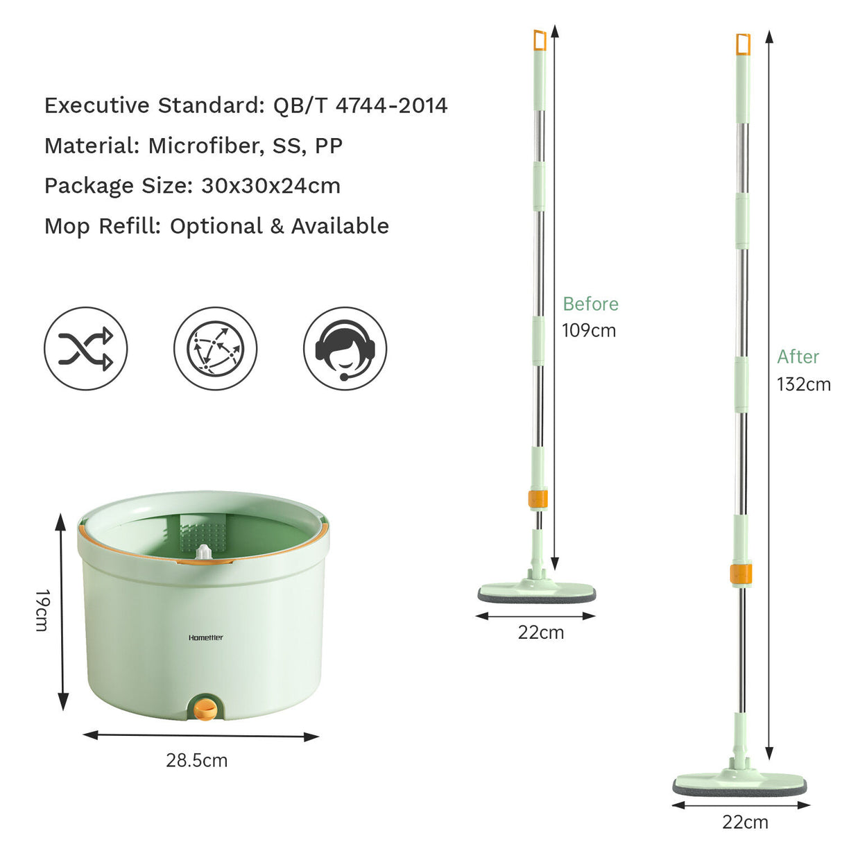 Premium Microfiber Round Mop Bucket Set w/ Clean & Dirty Water Separation 360 Degree - Light Green