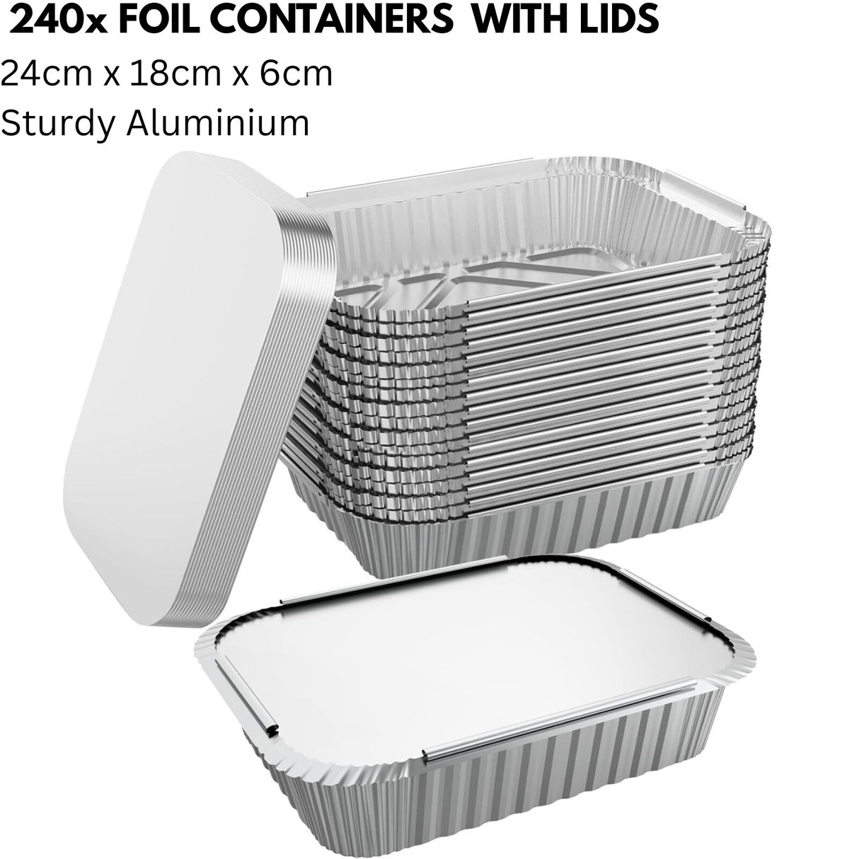 240x Aluminium Disposable Foil Food Container Trays Pans w/ Lids Covers Bulk 24cm*18cm*6cm