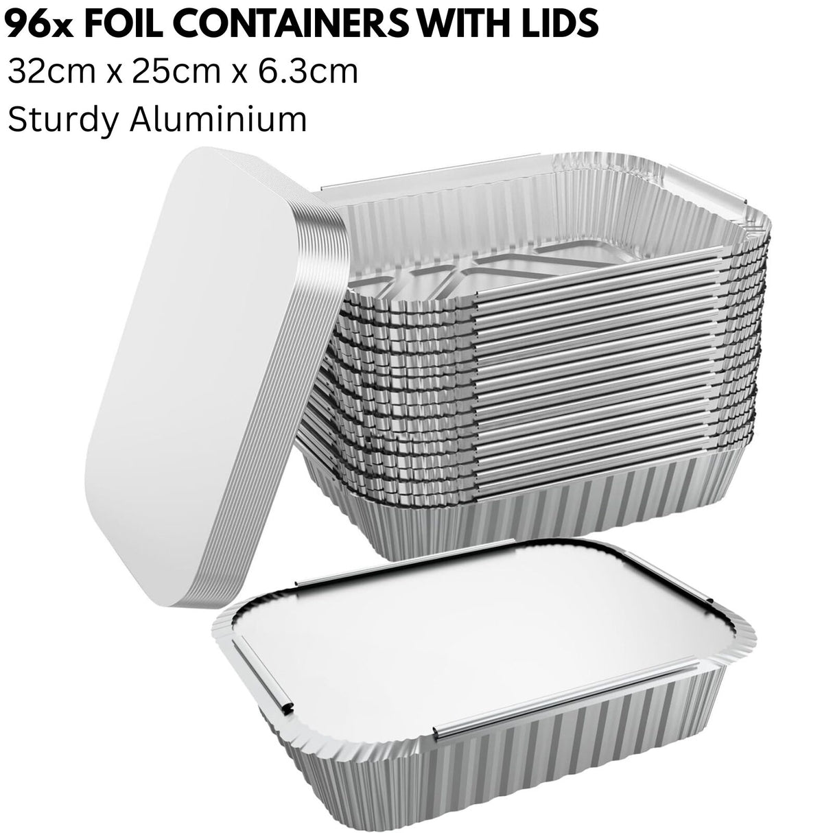 96x Aluminium Disposable Foil Food Container Trays Pans w/ Lids Covers Bulk 32cm*26cm*6.3cm