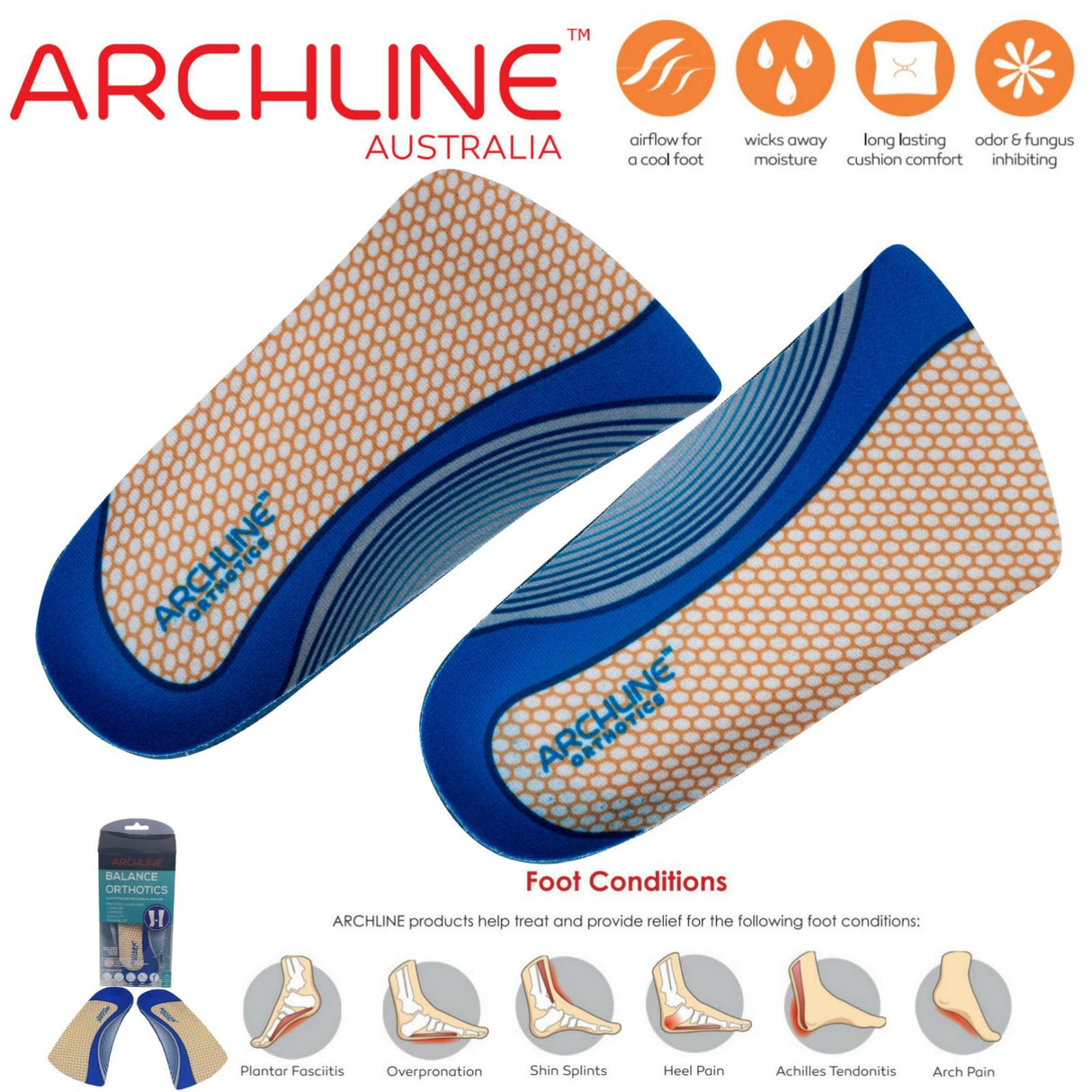 ARCHLINE 3/4 Slim Orthotics Plantar Fasciitis Insoles Balance Support Relief - EUR 41