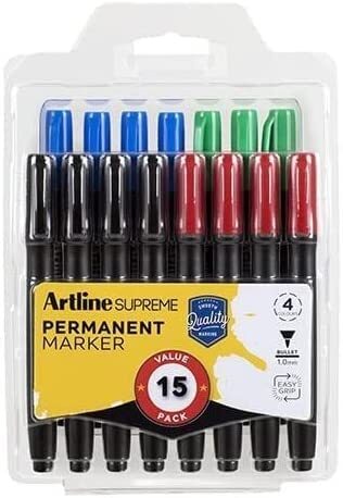 Artline Supreme Permanent Markers - Assorted Colours 15 pack