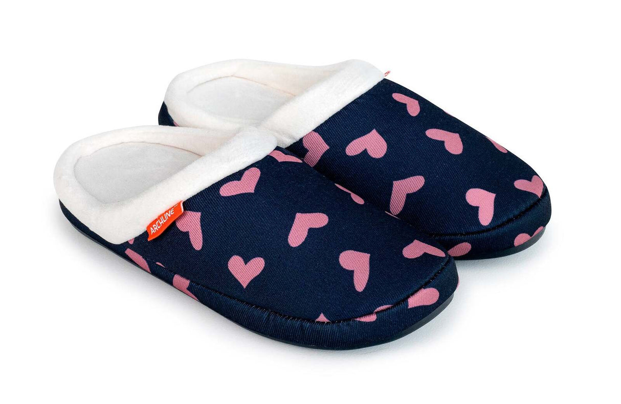 ARCHLINE Orthotic Slippers Slip On Scuffs Pain Relief Moccasins - Navy with Hearts - EUR 36 (Womens US 5)