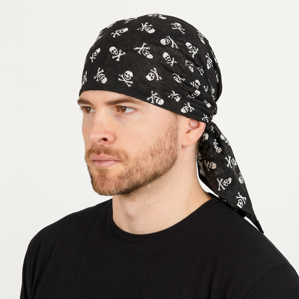 Skull-Embellished Black Paisley Cotton Head Wrap - Ideal for Bikers and Summer Adventures