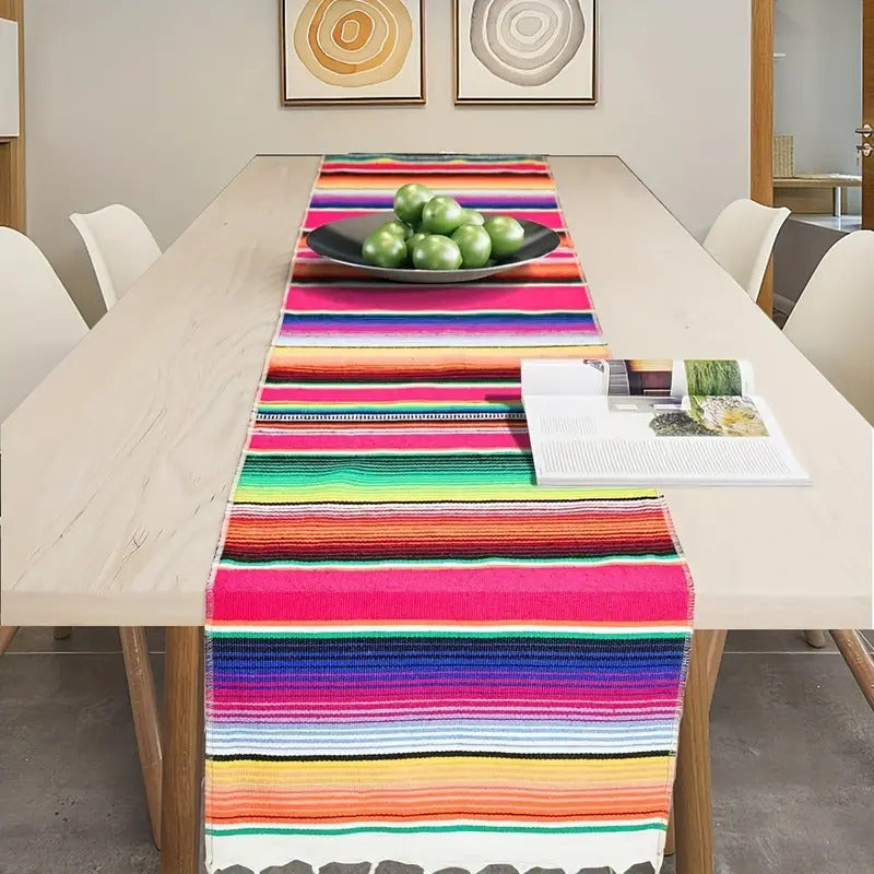 Rainbow Table Cloth Runner Stripe w/ Tassel Mexican Tablecloth Wedding Party Decor