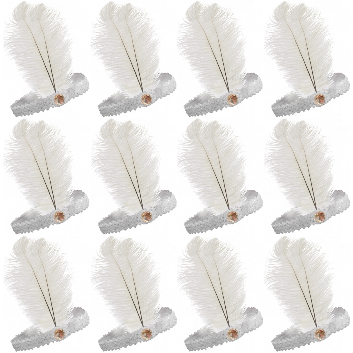 12 Pack 1920s Flapper Headbands with Feather and Sequin for Gatsby-Themed Events - White