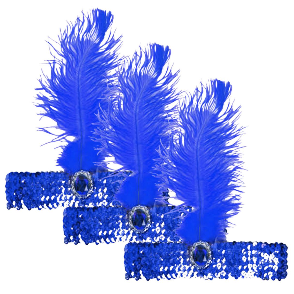 Pack of 3 Vintage 1920s Flapper Headbands with Feather and Sequin Detail for Charleston Costume - Blue