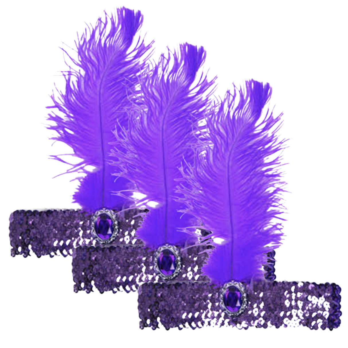 3 Pack 1920s Flapper Headbands with Feathers and Sequins for Charleston Gatsby Costumes - Purple