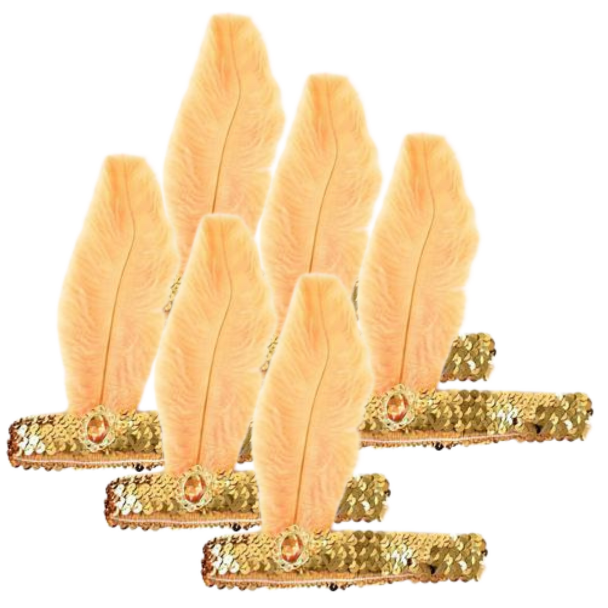6 Pack of Vintage 1920s Flapper Headbands with Feather & Sequin for Charleston Costume Parties - Gold/Orange