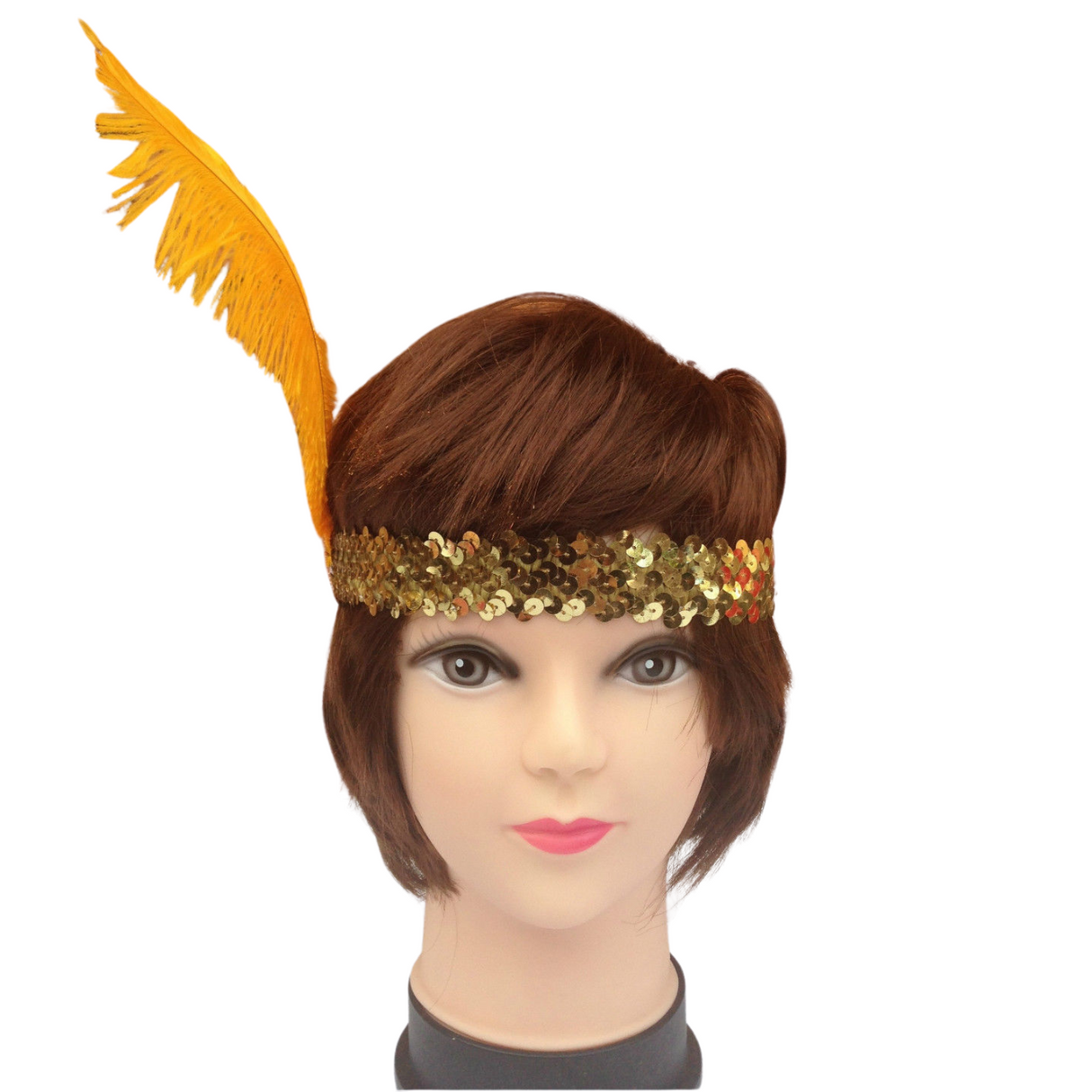 6 Pack of Vintage 1920s Flapper Headbands with Feather & Sequin for Charleston Costume Parties - Gold/Orange
