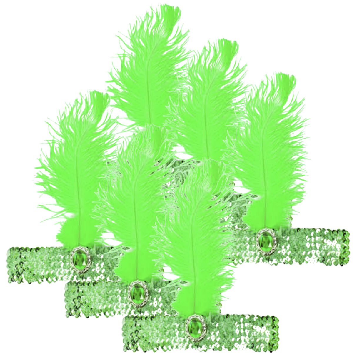 6-Pack Vintage 1920s Flapper Headbands with Feathers & Sequins for Charleston Costume Parties - Green