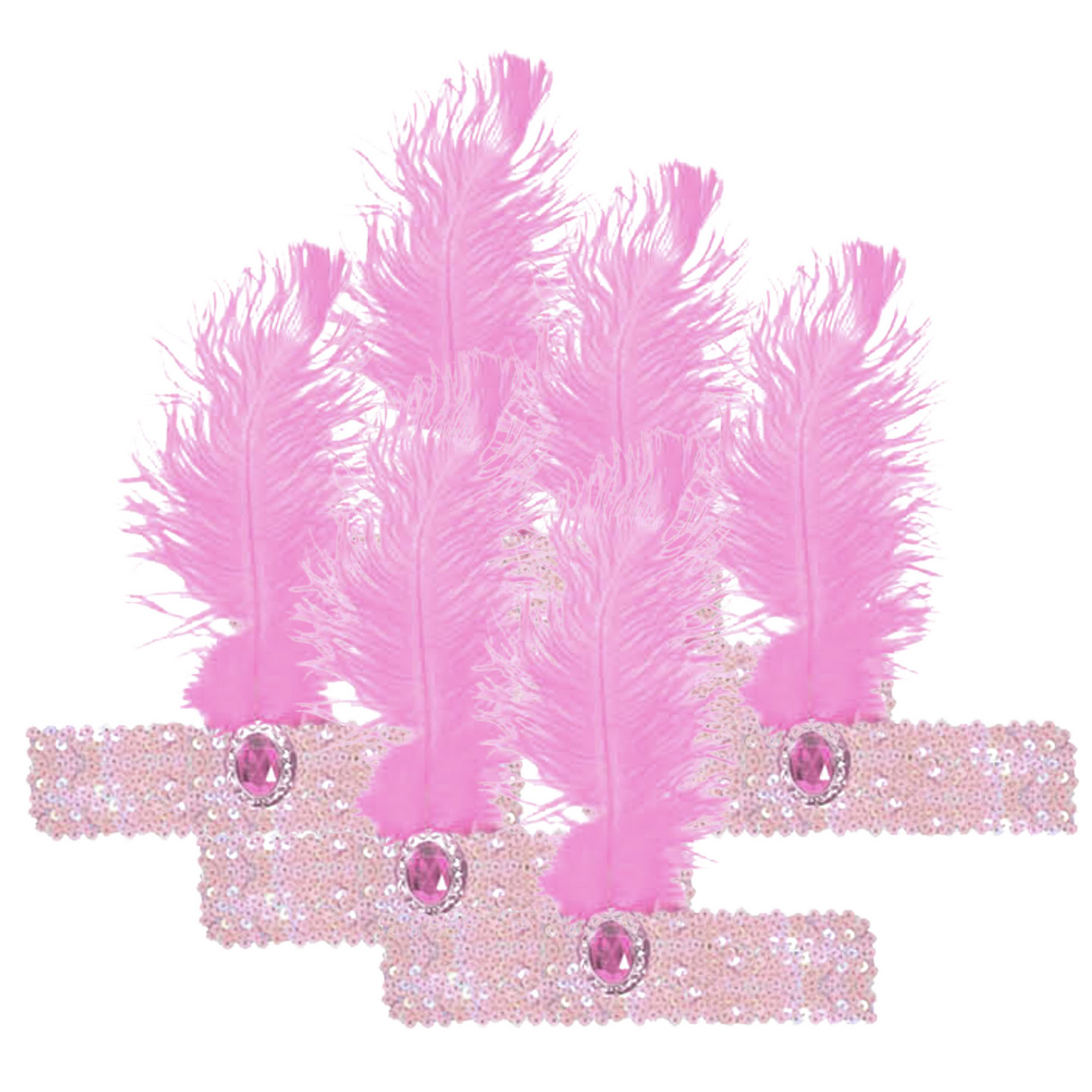 Set of 6 Vintage 1920s Flapper Headbands with Feathers and Sequins for Charleston Costume Parties - Light Pink