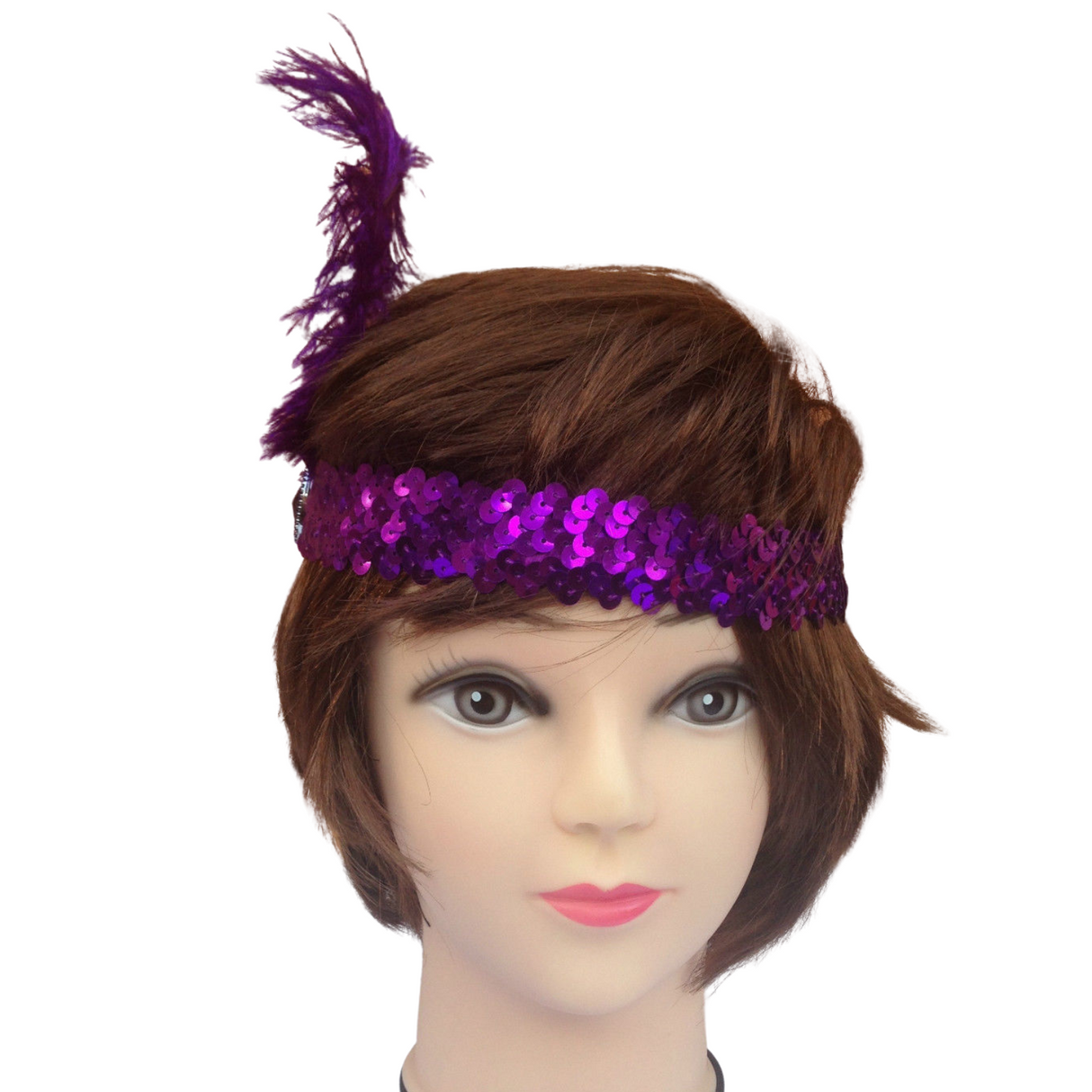 6-Pack Vintage 1920s Flapper Headbands with Feathers and Sequins for Charleston Costume Parties - Purple