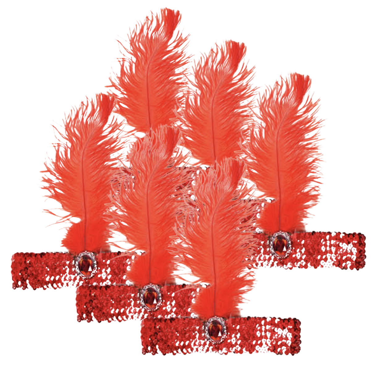 6-Pack Vintage 1920s Flapper Headbands with Feathers and Sequins for Charleston Costume Parties - Red