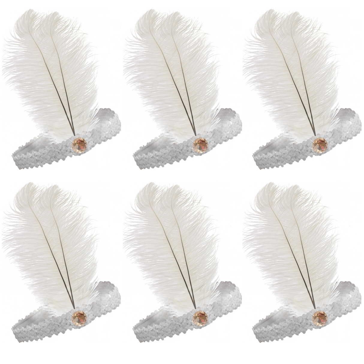 1920s Flapper Headband Set - 6 Elegant Feather & Sequin Headpieces for Charleston Costume Parties - White