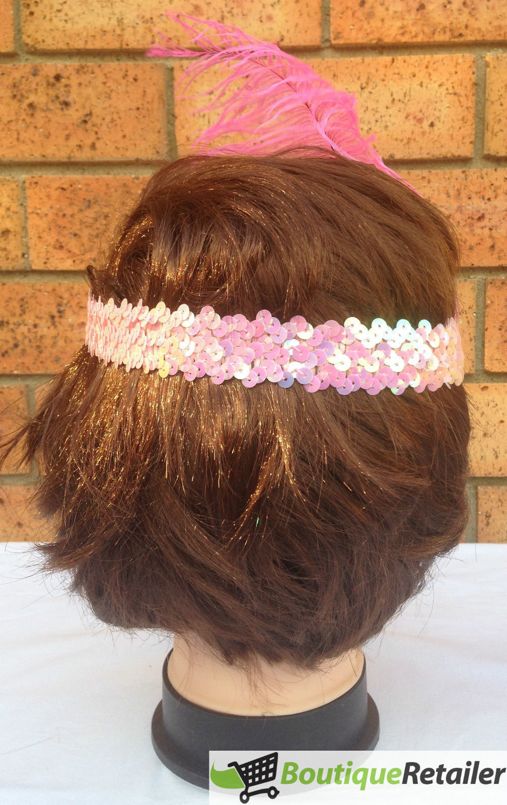 Gatsby Glamour Light Pink Flapper Headband with Feather and Sequin Detailing