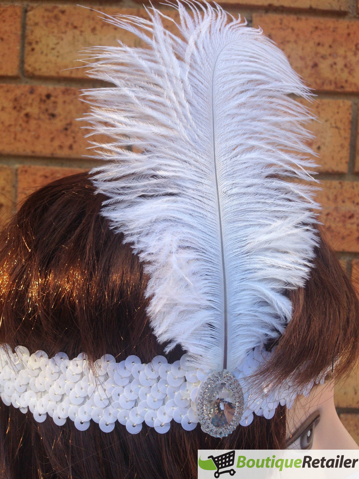 Roaring Twenties: Elegant White Flapper Headband with Feather and Sequin Details