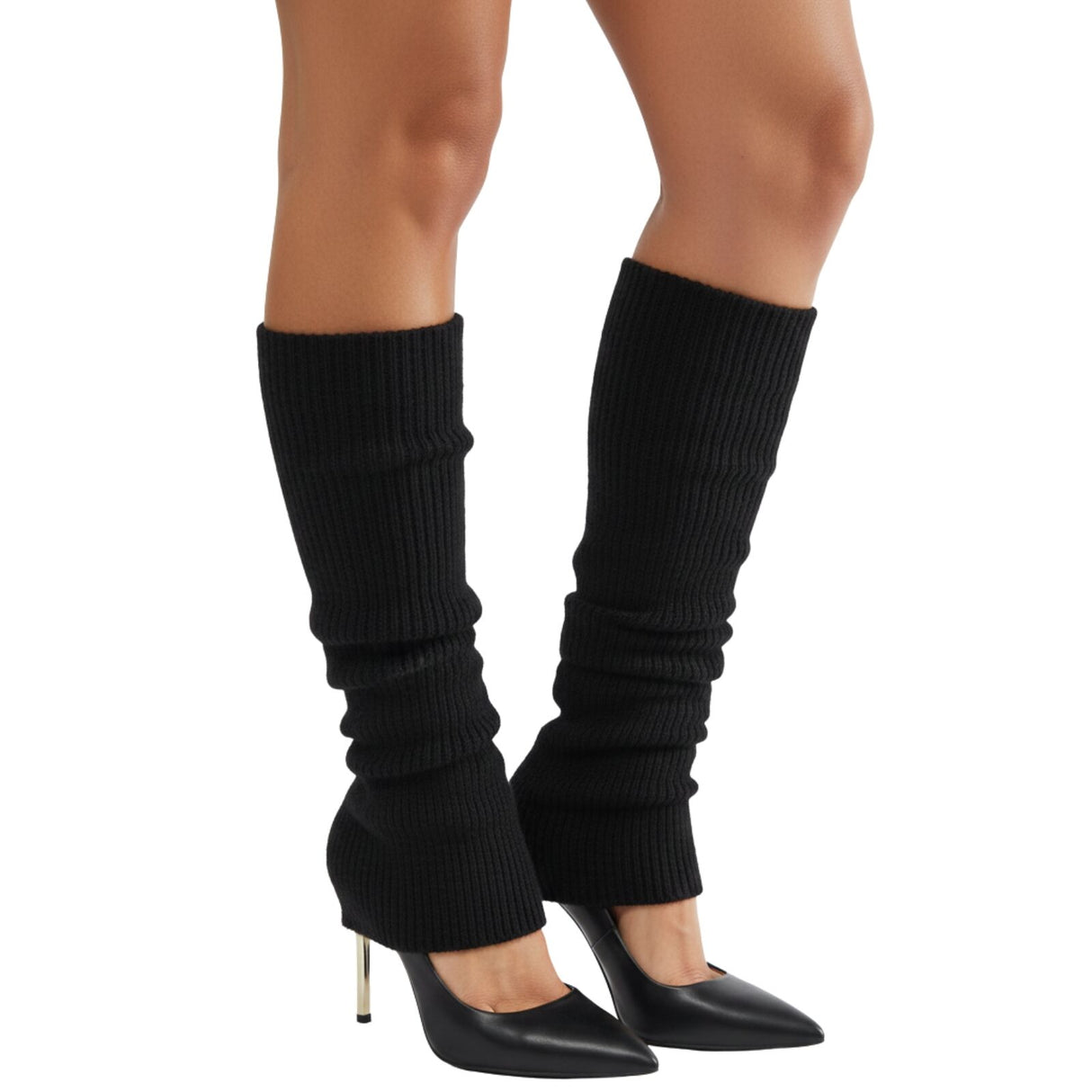 Pair of Womens Leg Warmers Disco Winter Knit Dance Party Crochet Legging Socks Costume - Black