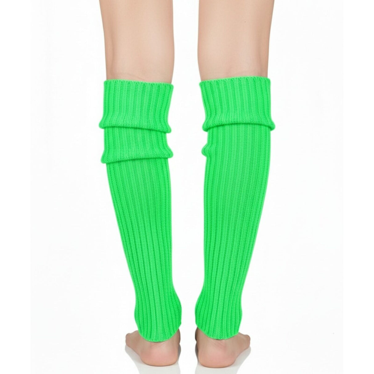 Pair of Womens Leg Warmers Disco Winter Knit Dance Party Crochet Legging Socks Costume - Fluro Green