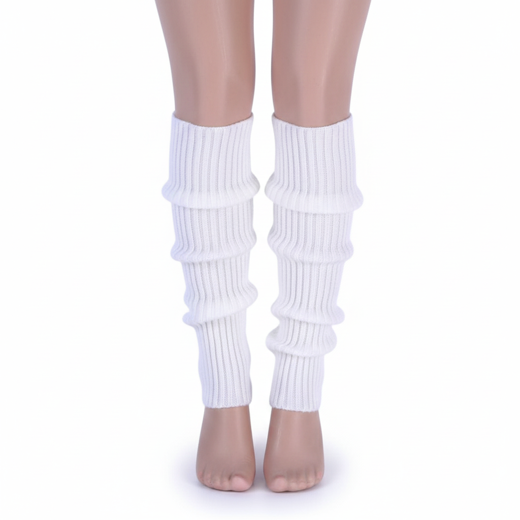 Pair of Womens Leg Warmers Disco Winter Knit Dance Party Crochet Legging Socks Costume - White