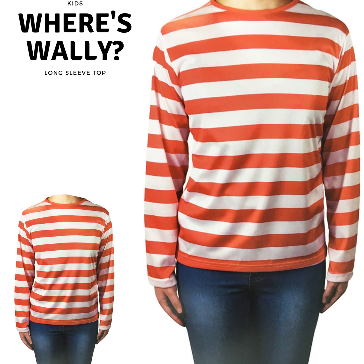 KIDS Red and White Striped Top Wenda Waldo Shirt Costume Party Book Week - Large (10-12 Years Old)