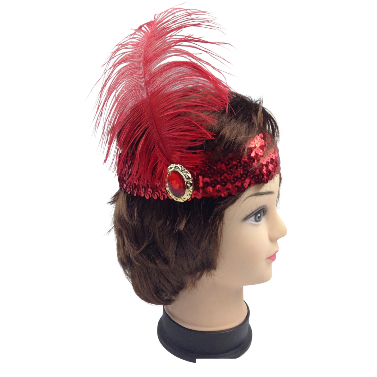 Roaring 20s Red Flapper Headband with Feather and Sequin Accents