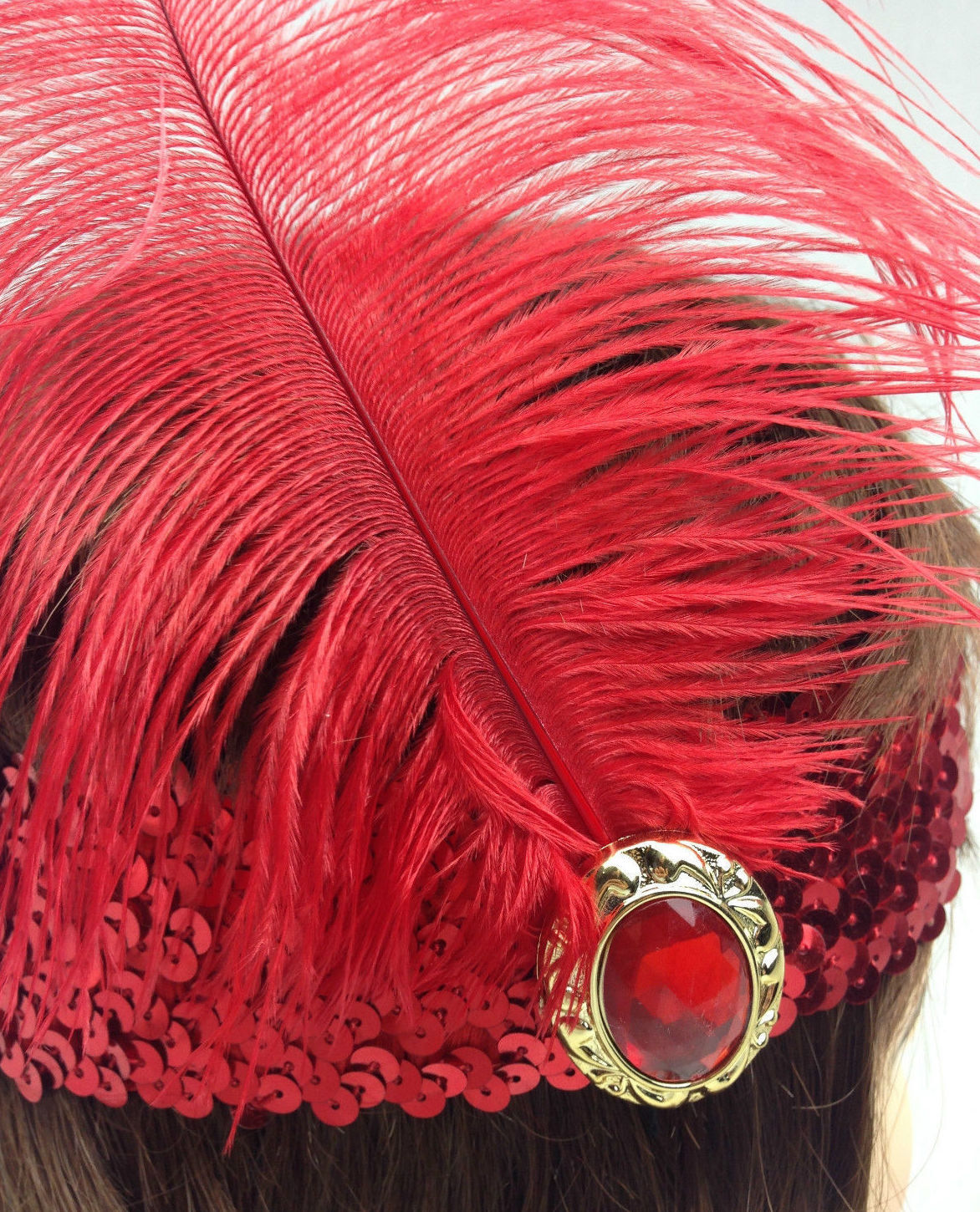 Roaring 20s Red Flapper Headband with Feather and Sequin Accents